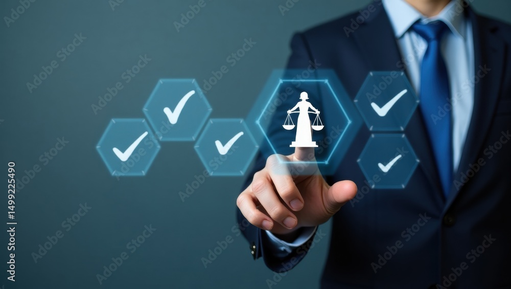 Poster a person interacts with a digital interface showcasing approval and justice concepts.
