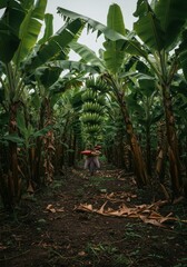 Lush Green Banana Plantation with Rows of Banana Trees