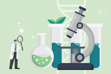 Green Laboratory vector flat design. scientist holding magnifying glass with microscope test tube DNA and plant in concept of biotechnology or biochemistry for science medical research.