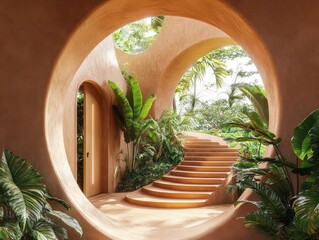 Sun-drenched entryway with curving ochre walls, a circular portal framing lush tropical landscaping, and a winding staircase leading upwards