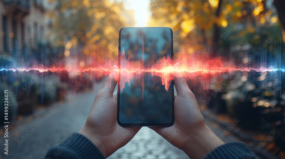 Poster A person holds a mobile device displaying sound waves in an autumn environment, showcasing advanced voice control features. The colorful leaves and calm street enhance the technology experience.