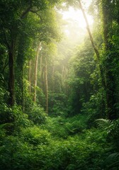 Obraz premium Sunlit Lush Green Forest With Dense Vegetation