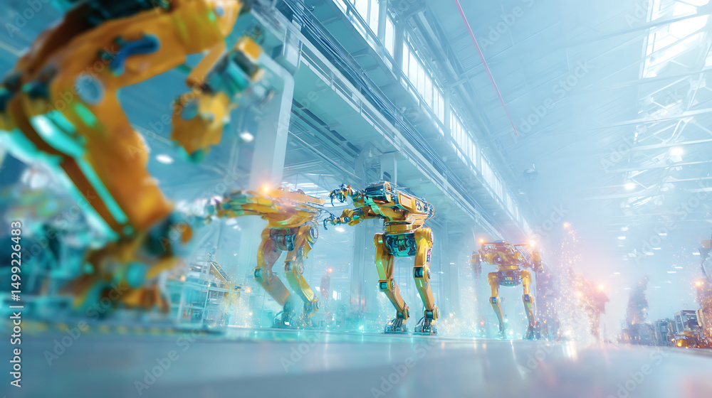 Aufkleber Futuristic factory scene featuring AI-driven robots at work, showcasing advanced technology in an industrial setting.