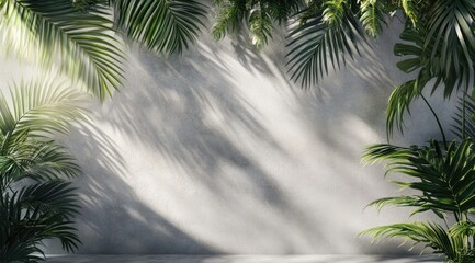 Sunlit grey wall framed by lush tropical foliage casting dramatic shadows, creating a vibrant, airy, and serene backdrop