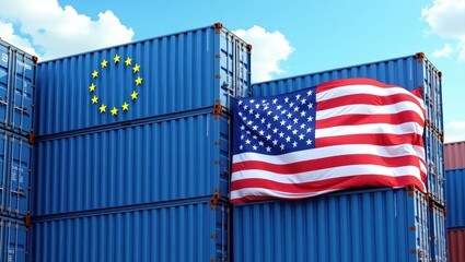 International shipping containers with the european union and american flags.