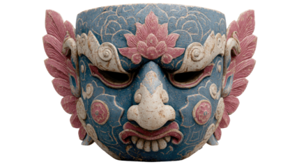 Mystical Artifact: A close-up captures a captivating mask, its intricate details showcasing a blend of artistry and cultural heritage. With its detailed carvings and symbolic designs.