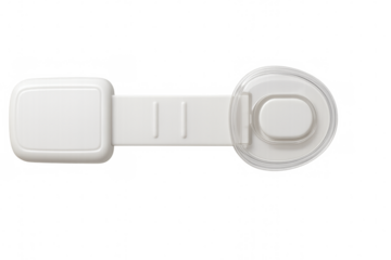 White child safety lock securing cabinets and drawers on transparent background