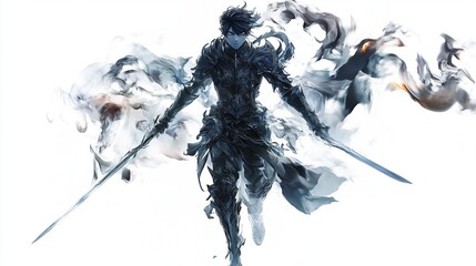 A stylized male figure, clad in dark armor, wields two swords amidst swirling gray and orange smoke, conveying a sense of power and motion against a white background