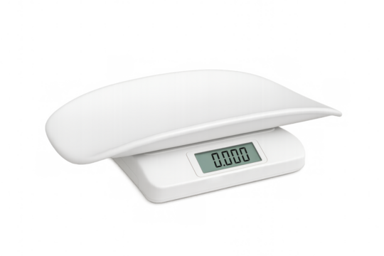 White digital baby scale showing zero on transparent background