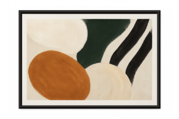 Modern abstract painting with orange, beige, and green shapes in black frame on transparent background