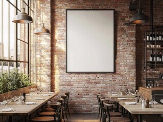 Sunlit industrial-chic restaurant interior with a large blank poster on a brick wall, wooden tables and chairs, and hanging pendant lights