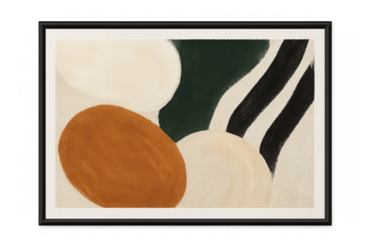 Modern abstract painting with orange, beige, and green shapes in black frame on transparent background