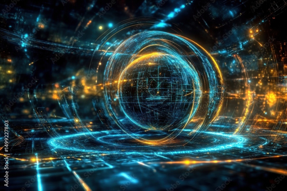 Aufkleber futuristic digital art piece with large spherical object surrounded by glowing blue and orange lines