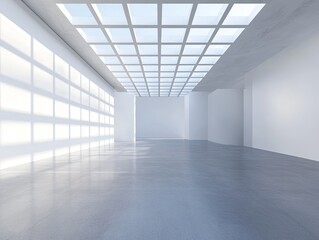 Sunlit minimalist interior with a gridded skylight, smooth concrete floor, and white walls casting rectangular shadows
