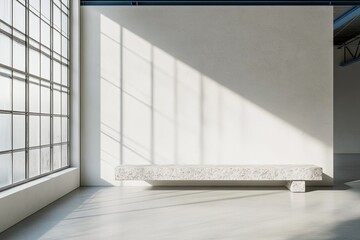 Sunlit minimalist interior with large window, concrete bench, and off-white walls, showcasing industrial-chic design