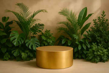 Fototapeta premium Golden Round Podium with Tropical Green Plants on Neutral Background