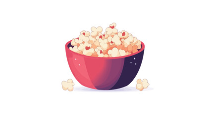 A digital illustration depicts a red bowl brimming with popcorn against a stark white backdrop. The bowl is rendered in a painterly style with a gradient of reddish-pink hues, suggesting depth and