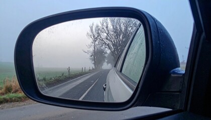 Naklejka premium Foggy road seen through a car's side mirror; muted colors, showing a rural landscape