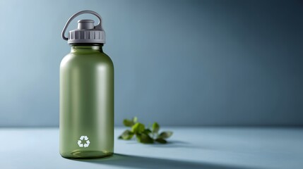 Reusable green water bottle with eco-friendly design and plant background.