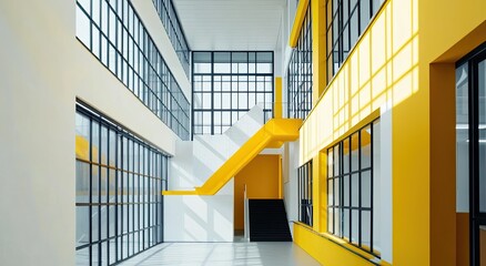 Sunlit modern interior with yellow walls, a floating staircase, and expansive industrial-style windows, creating a bright and airy atmosphere