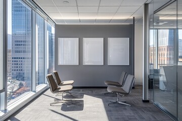 Sunlit modern office waiting area with gray walls, floor-to-ceiling windows offering a cityscape view, and three pairs of contemporary chairs arranged facing each other.  Artwork hangs on the wall