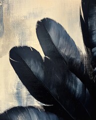 Dark, stylized feathers against a muted, textured beige and blue background; painterly style with emphasis on shadow and form
