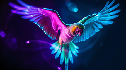 A vibrant parrot in flight with colorful feathers against a dark background.