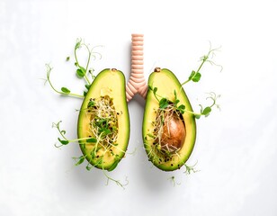 Conceptual art featuring avocado halves arranged as lungs with a trachea and sprouts on a white background. Representing health and nature