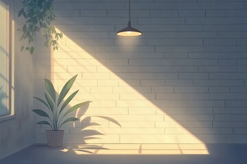 Sunlit room with white brick wall, potted plant, hanging lamp, and window, casting warm light and shadows