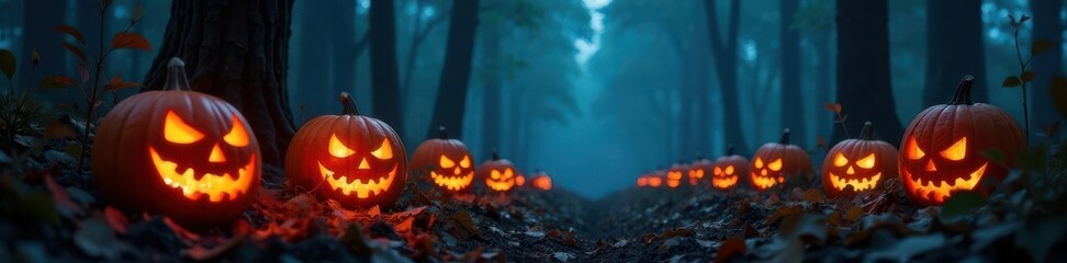 Obraz premium Carved pumpkins glow eerily in dark, misty woods , shadows, pumpkin, glow