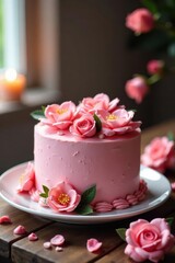 Delicate pink cake, floral adornments, flickering candles , deliciousness, high-resolution