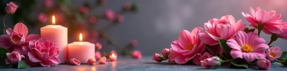Obraz premium Elegant floral arrangement with candles on isabelline background , clean, peaceful