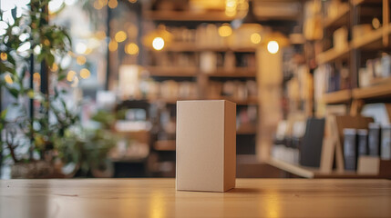 Beige book standing in a brightly lit bookstore with blurred shelves