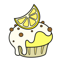 Cupcake with whipped cream garnished with a slice of candied lemon on a white background