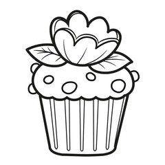 Cupcake with whipped cream flowers outlined for coloring page on a white background