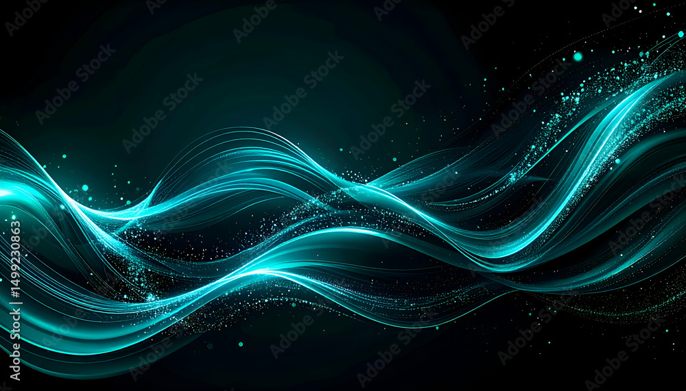 Poster abstract teal wave energy flow binary code particle transformation