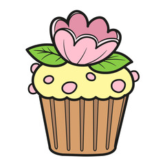 Cupcake with whipped cream flowers on a white background