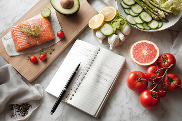 Healthy meal prep and fitness journal for tracking dietary goals and workout plans.