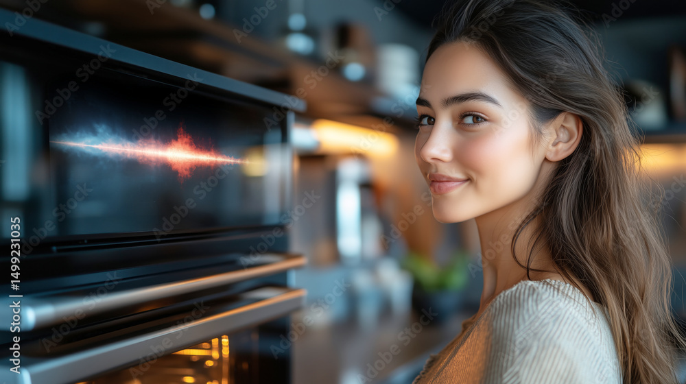 Poster a woman interacts with a voice assistant in a stylish kitchen. she engages with sound and graphics d