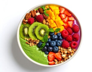 Vibrant smoothie bowl with assorted fresh fruits berries and nuts on a white backdrop. Displaying a spectrum of colors from healthy eating