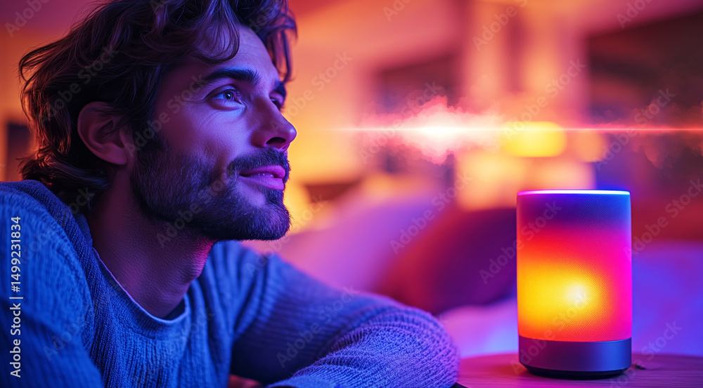 Poster A man engages with a smart speaker while relaxing indoors in a warm atmosphere.