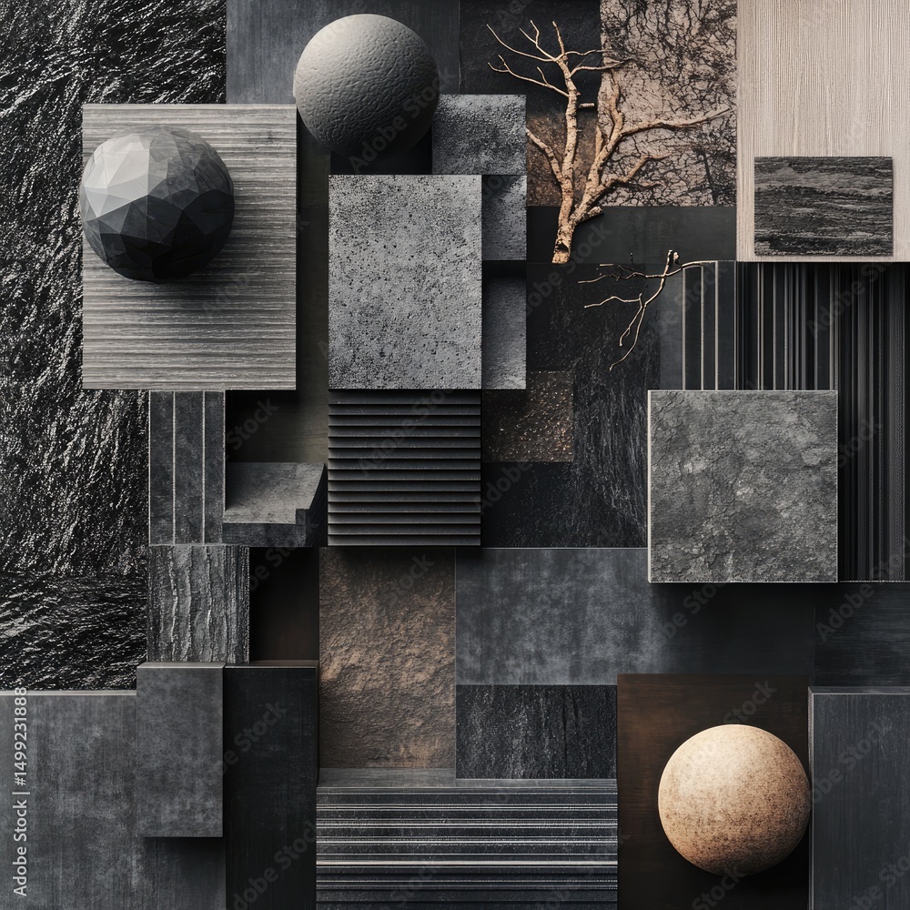 Poster a curated collage of dark-toned textures and geometric forms, including stone, wood, and abstract sh