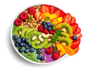 Overhead view of a vibrant smoothie bowl filled with colorful fruits and granola on a white surface