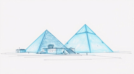A blue sketch of the pyramids in Egypt, set against a desert landscape.