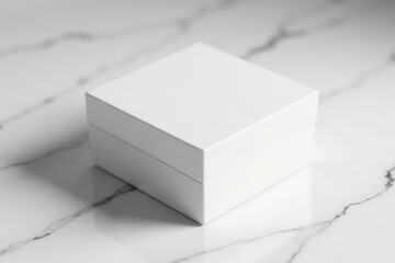 Square white jewelry box on white marble, minimalist aesthetic, white jewelry box, white