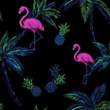 Tropical flamingo and pineapple pattern on black background.
