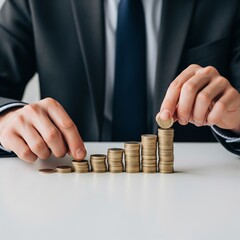 A close-up shows hands carefully stacking coins, symbolizing financial growth, savings, and investment strategy