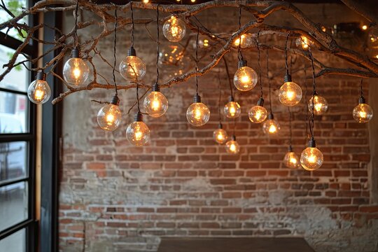 Hanging eco-decor made of branches, decorated with mini-light bulbs. The concept of using natural materials in interior design.