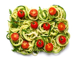 Overhead view of zucchini noodles arranged with cherry tomatoes and arugula on a white background. A healthy and colorful food composition