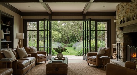 Spacious living room with garden view cozy interior design modern architecture